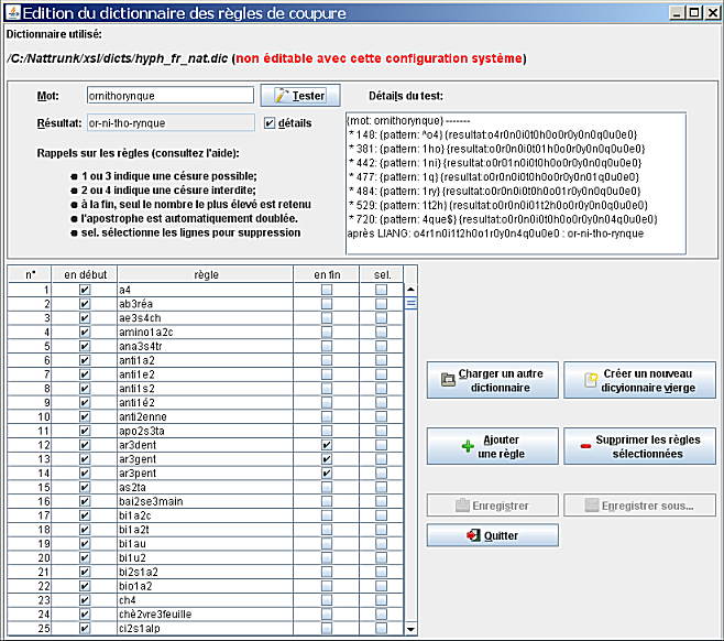capture de la fenêtre d'édition des règles de coupure