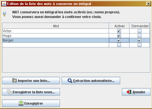 image de l'écran de choix des mots à conserver en intégral
