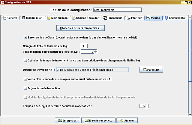 image de l'onglet avancé de la fenêtre d'options