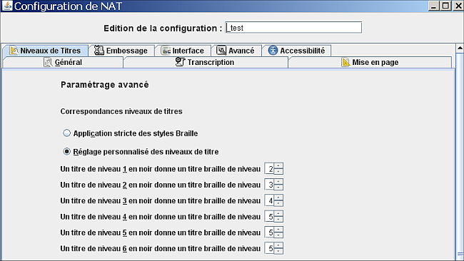 image de l'onglet des niveaux de titres de la fenêtre d'options