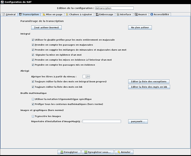 image de l'onglet transcription de la fenêtre d'options