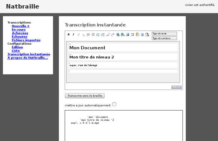 copie d'écran de la version serveur : transcription instantanée