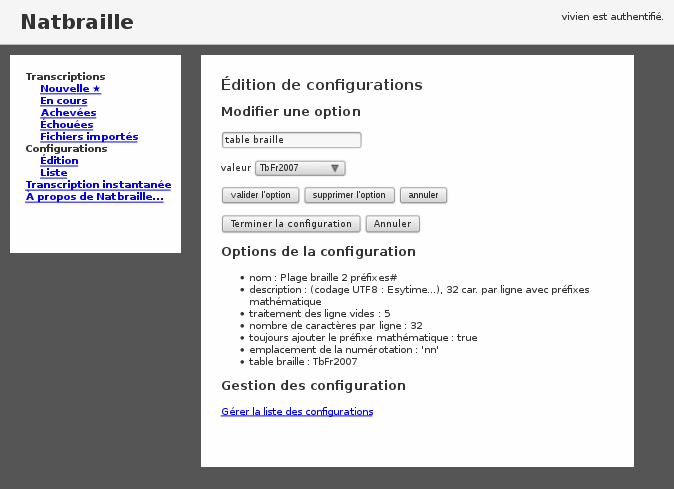 copie d'écran de la version serveur : éditeur de configurations